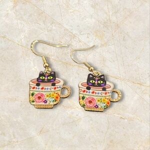 Floral Teacup Cat Earrings